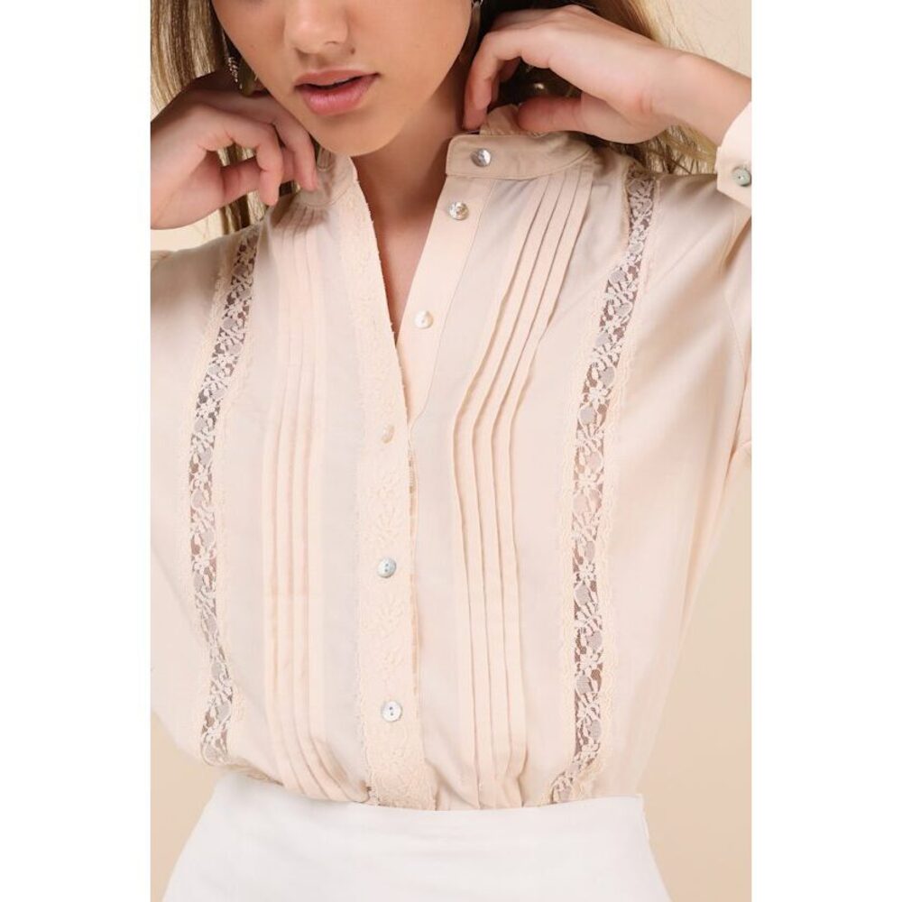 Lulus Composed Crush Cream Pleated Lace Mock Neck Button-up Top White - Size S